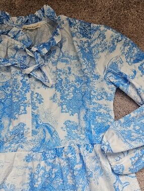 Anna-Kaci Blue White Toille Midi Ruffled Tiered Dress Womens L/XL Cottagecore